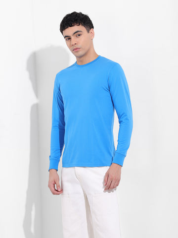 Men's Blue Slim Fit Solid Round Neck T-shirt
