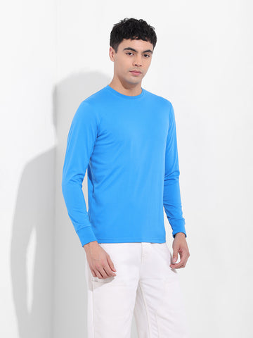 Men's Blue Slim Fit Solid Round Neck T-shirt