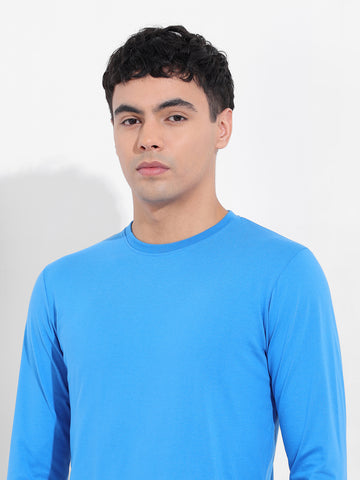 Men's Blue Slim Fit Solid Round Neck T-shirt