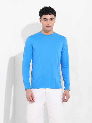Men's Blue Slim Fit Solid Round Neck T-shirt