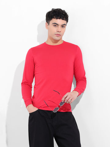 Men's Red Slim Fit Solid Round Neck T-shirt