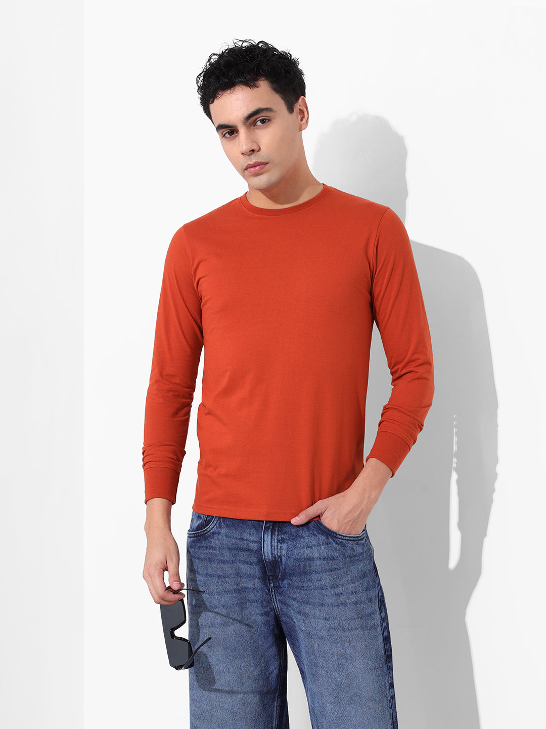 Men's Orange Slim Fit Solid Round Neck T-shirt