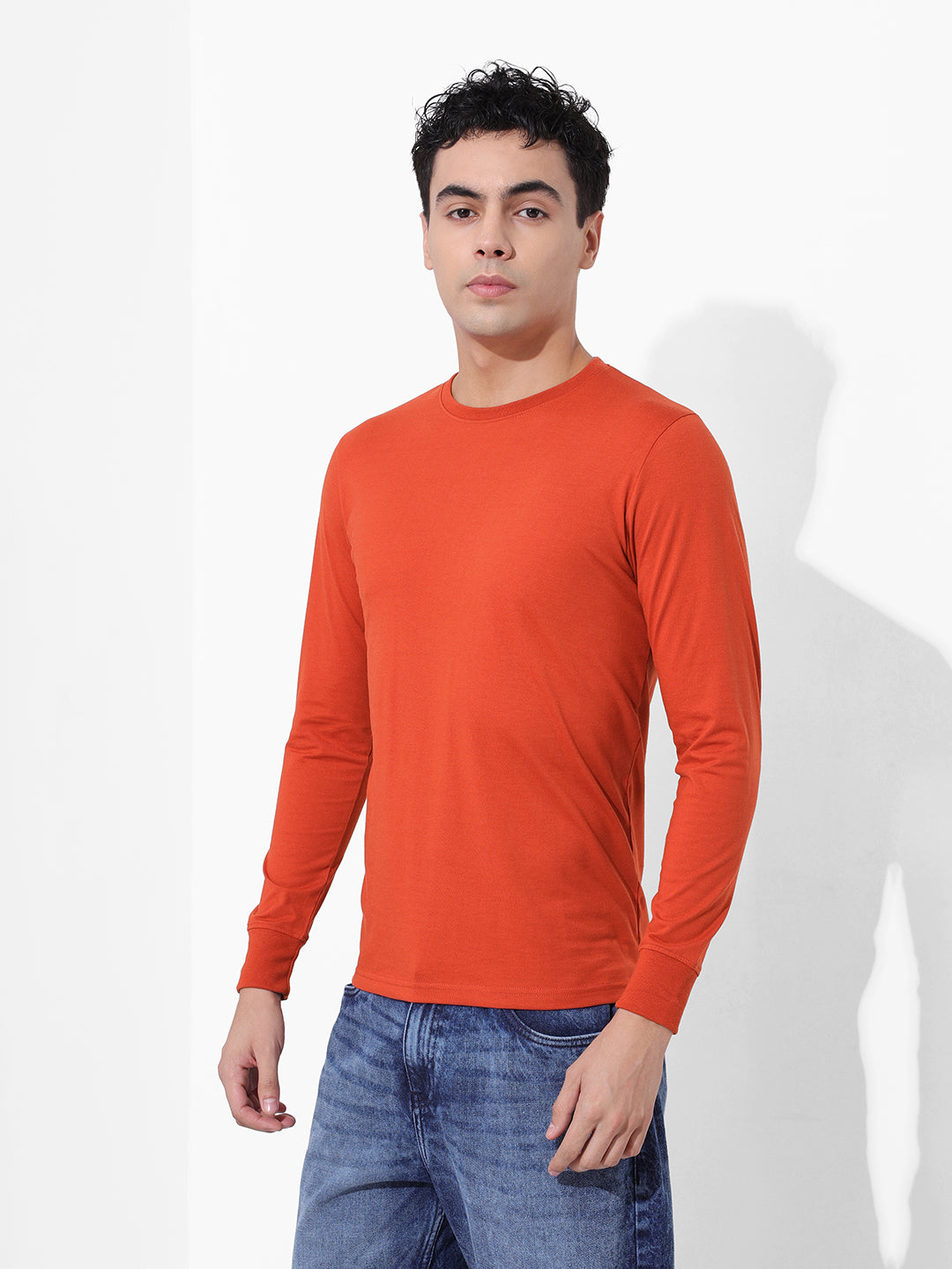 Men's Orange Slim Fit Solid Round Neck T-shirt
