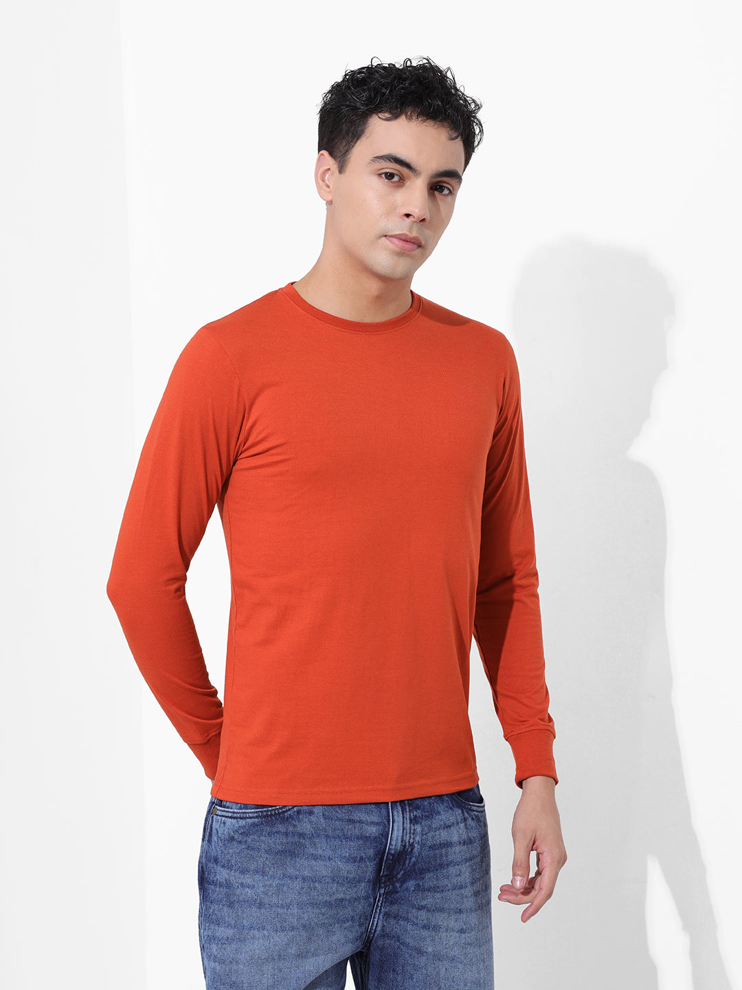 Men's Orange Slim Fit Solid Round Neck T-shirt