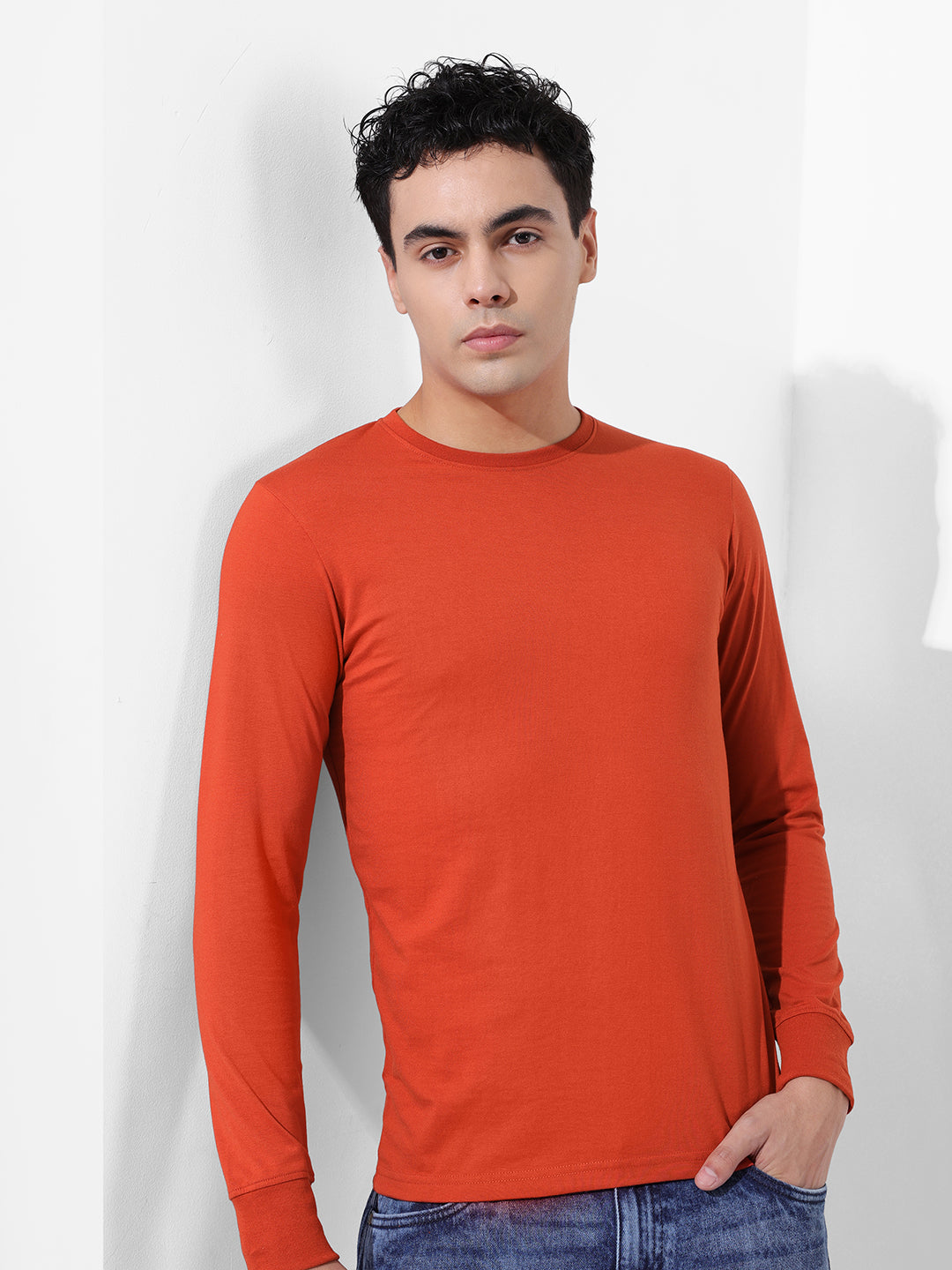 Men's Orange Slim Fit Solid Round Neck T-shirt