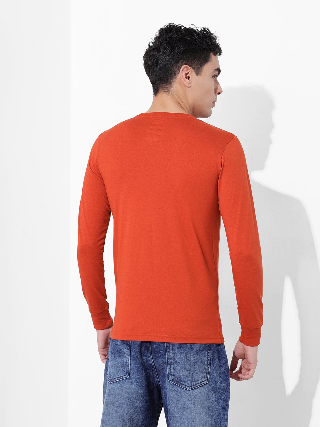 Men's Orange Slim Fit Solid Round Neck T-shirt