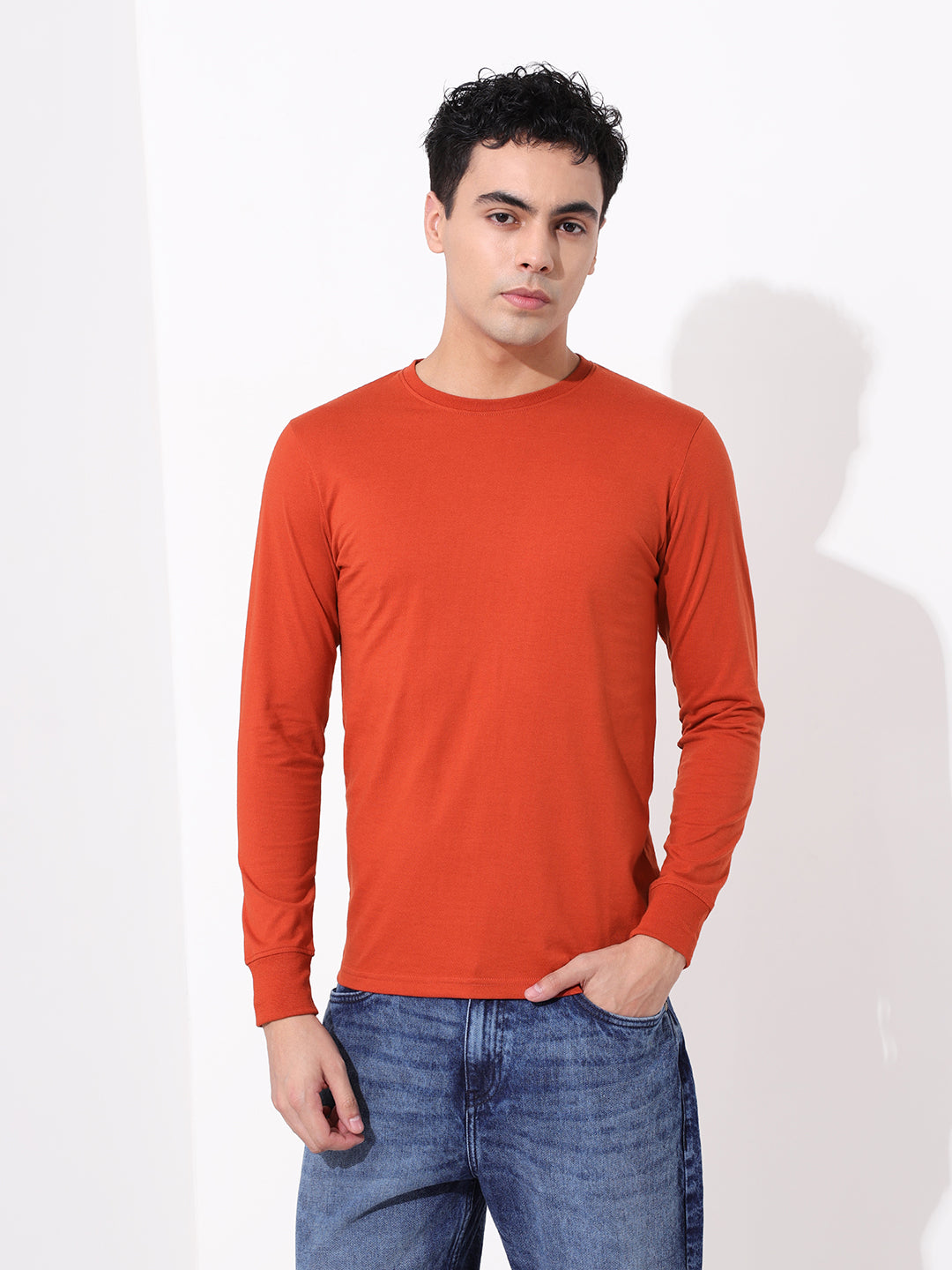 Men's Orange Slim Fit Solid Round Neck T-shirt