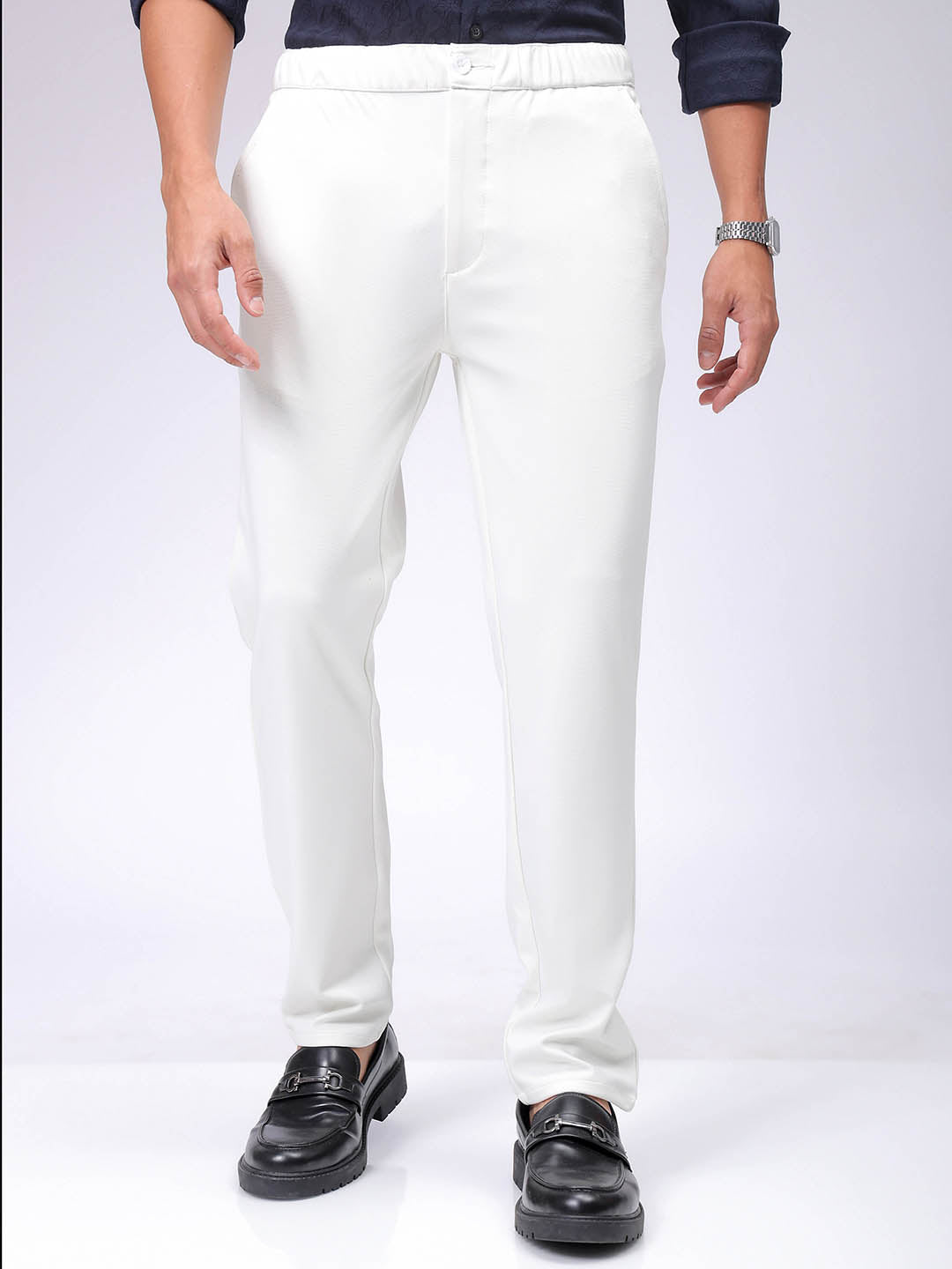 Men's White Slim Fit Textured Mid-Rise Stretchable Knitted Formal Trousers