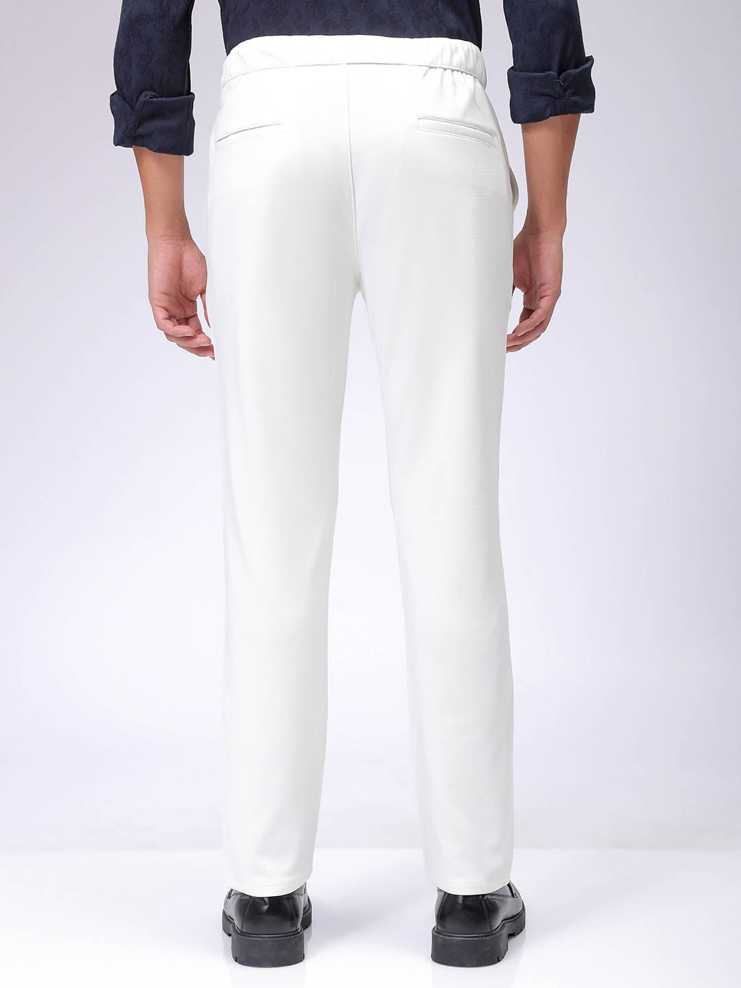 Men's White Slim Fit Textured Mid-Rise Stretchable Knitted Formal Trousers