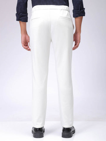 Men's White Slim Fit Textured Mid-Rise Stretchable Knitted Formal Trousers