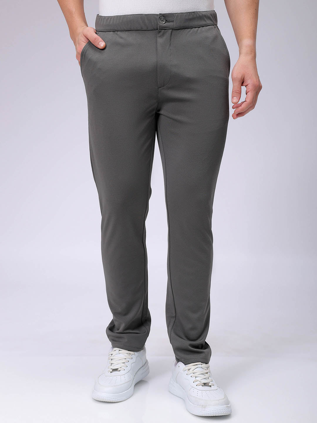 Men's Grey Slim Fit Textured Mid-Rise Stretchable Knitted Formal Trousers