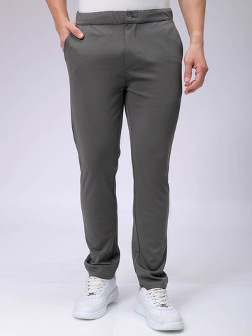 Men's Grey Slim Fit Textured Mid-Rise Stretchable Knitted Formal Trousers