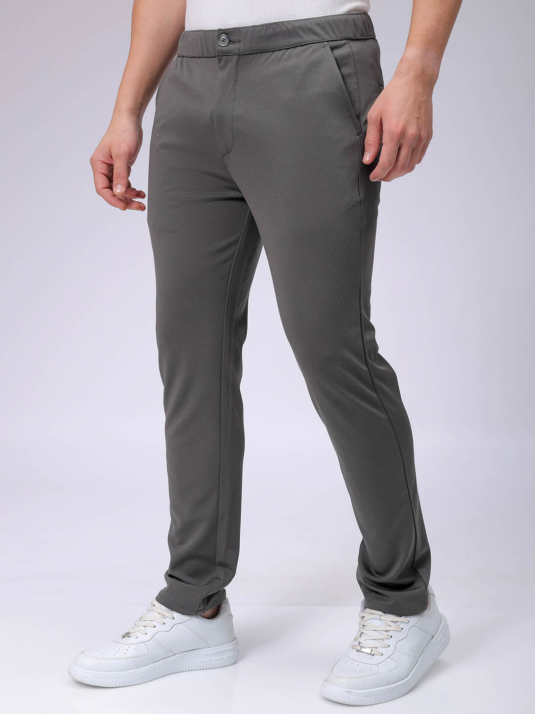 Men's Grey Slim Fit Textured Mid-Rise Stretchable Knitted Formal Trousers