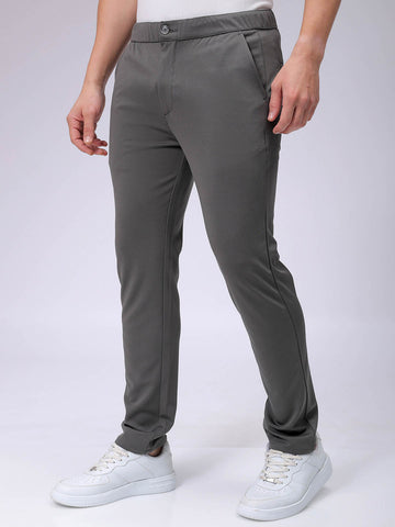 Men's Grey Slim Fit Textured Mid-Rise Stretchable Knitted Formal Trousers