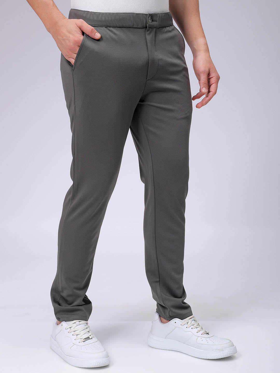 Men's Grey Slim Fit Textured Mid-Rise Stretchable Knitted Formal Trousers
