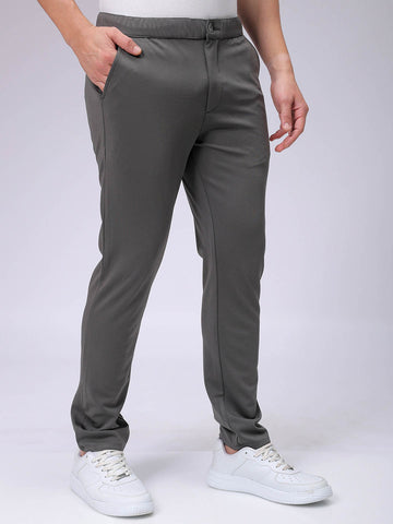Men's Grey Slim Fit Textured Mid-Rise Stretchable Knitted Formal Trousers
