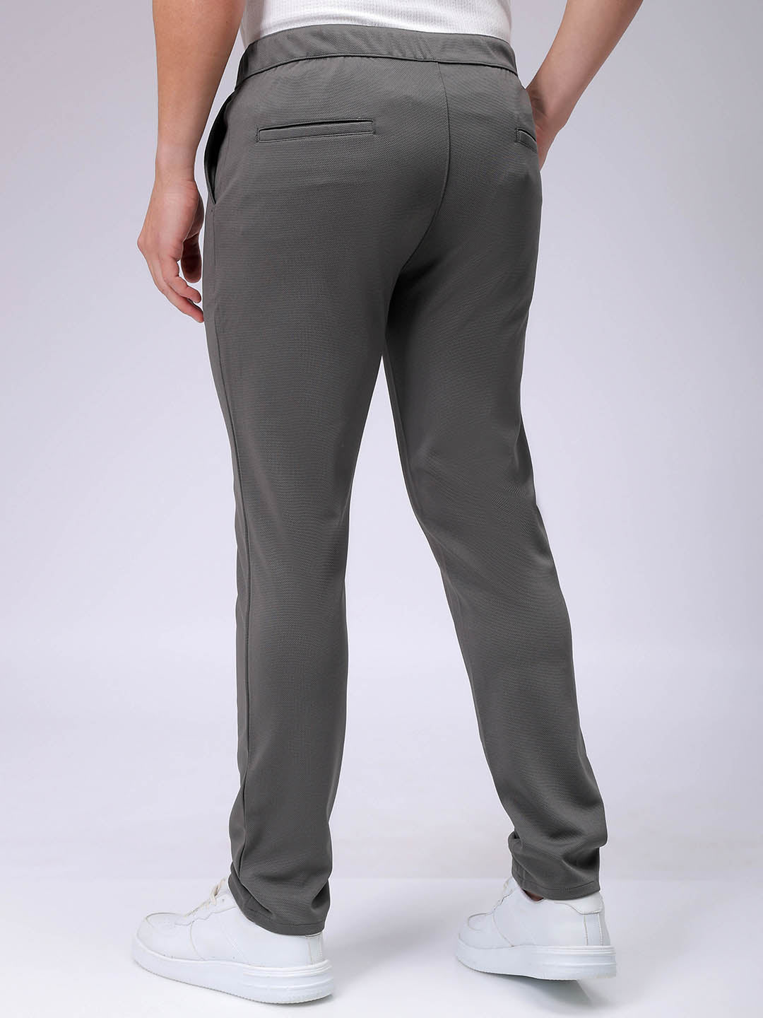 Men's Grey Slim Fit Textured Mid-Rise Stretchable Knitted Formal Trousers