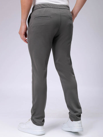 Men's Grey Slim Fit Textured Mid-Rise Stretchable Knitted Formal Trousers