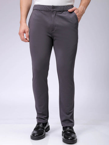 Men's Grey Slim Fit Textured Mid-Rise Stretchable Knitted Formal Trousers