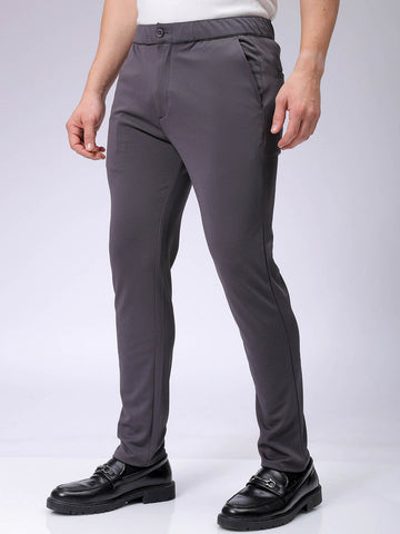 Men's Grey Slim Fit Textured Mid-Rise Stretchable Knitted Formal Trousers
