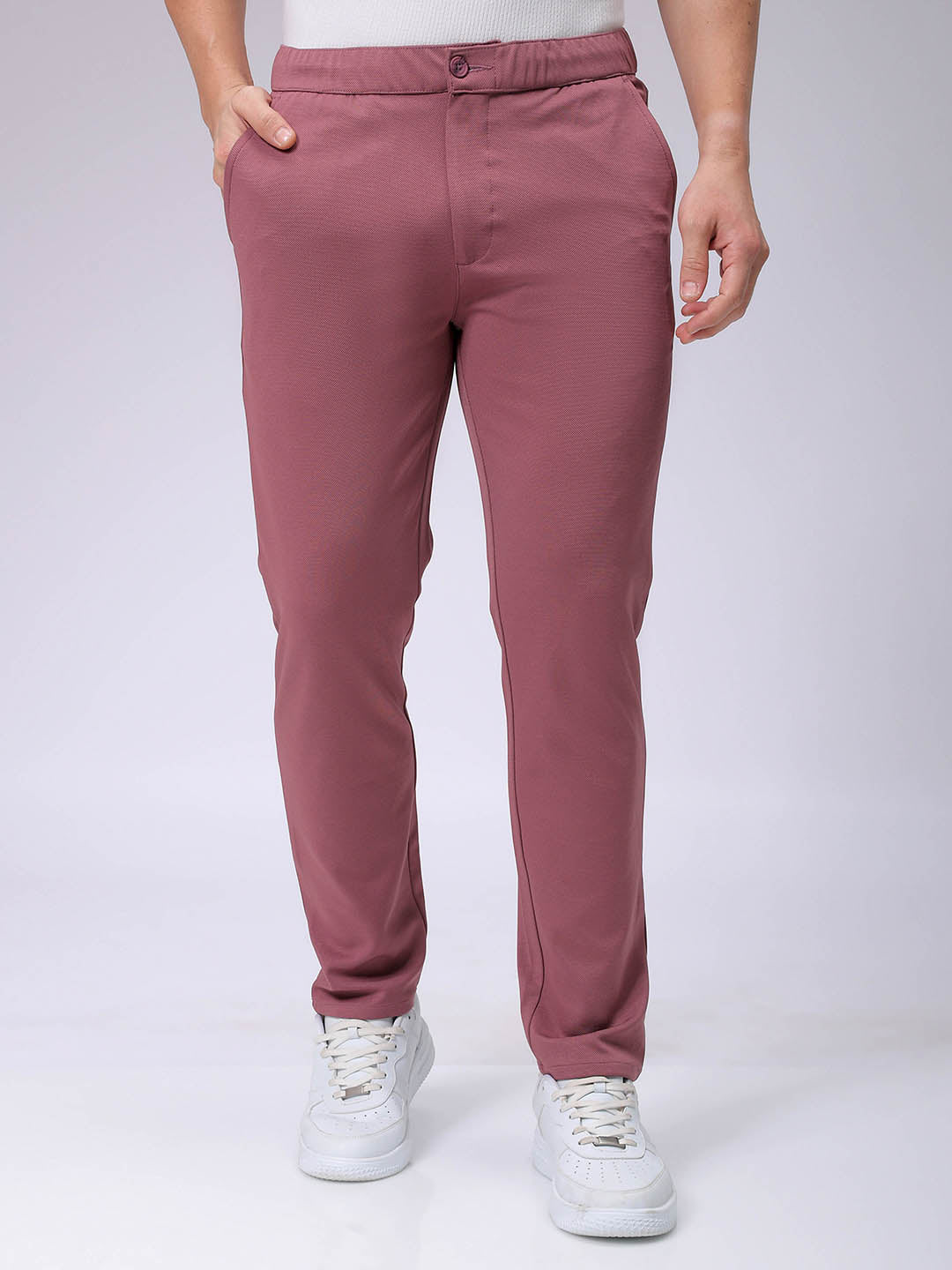 Men's Grey Slim Fit Textured Mid-Rise Stretchable Knitted Formal Trousers