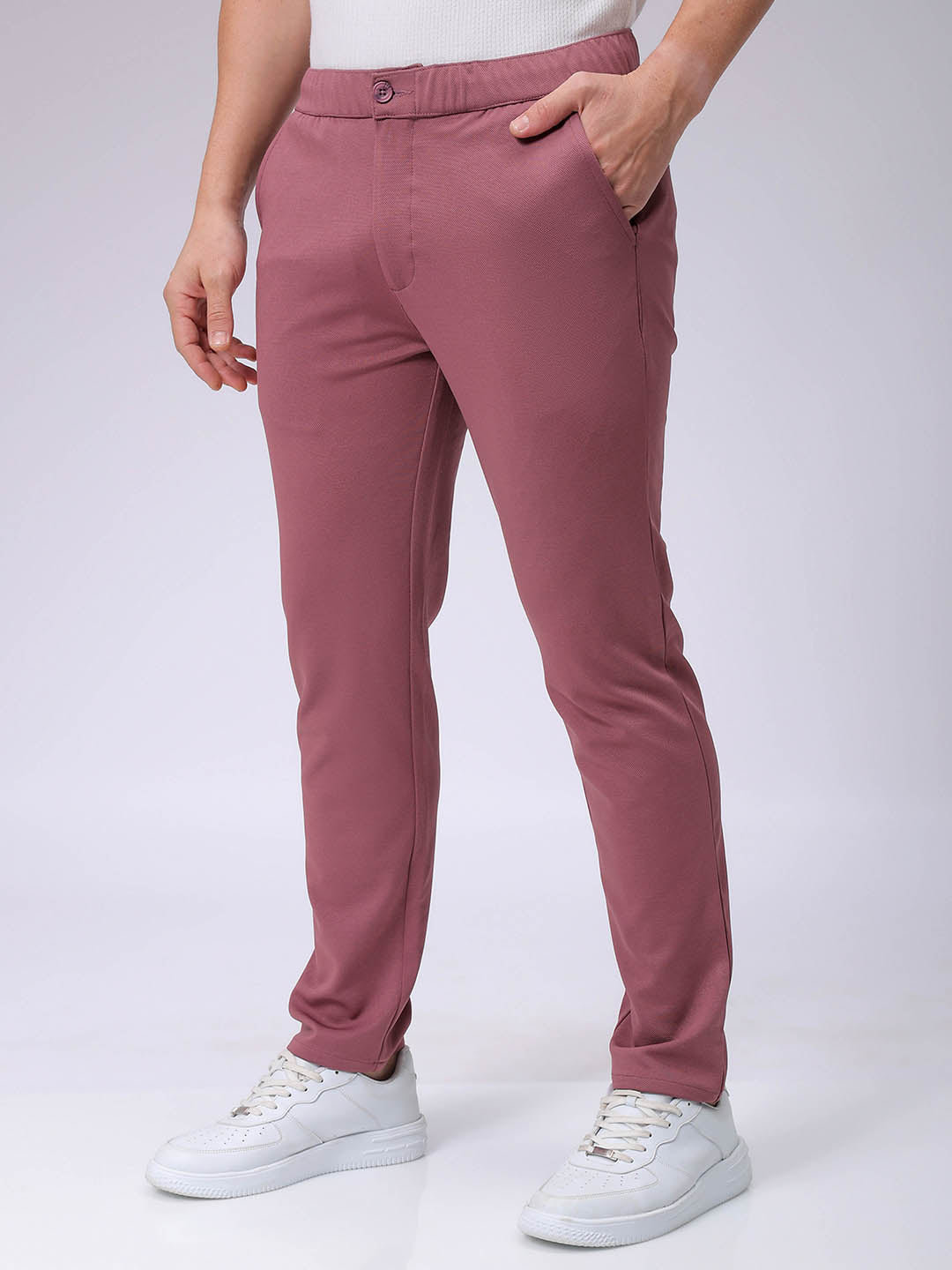 Men's Grey Slim Fit Textured Mid-Rise Stretchable Knitted Formal Trousers