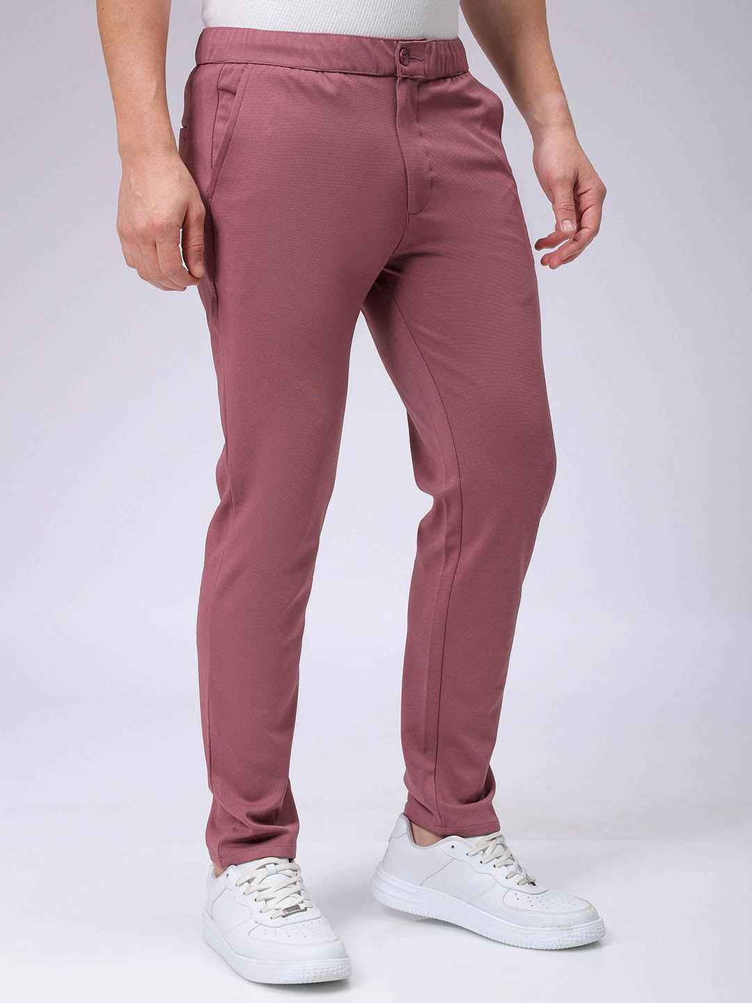 Men's Grey Slim Fit Textured Mid-Rise Stretchable Knitted Formal Trousers