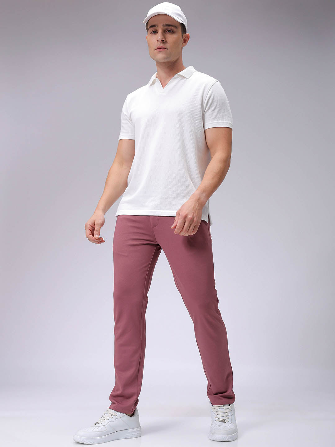 Men's Grey Slim Fit Textured Mid-Rise Stretchable Knitted Formal Trousers