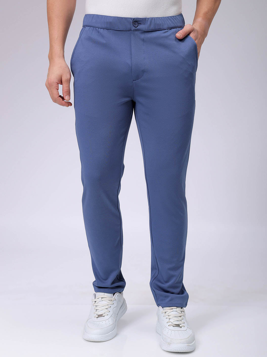 Men's Blue Slim Fit Textured Formal Trouser