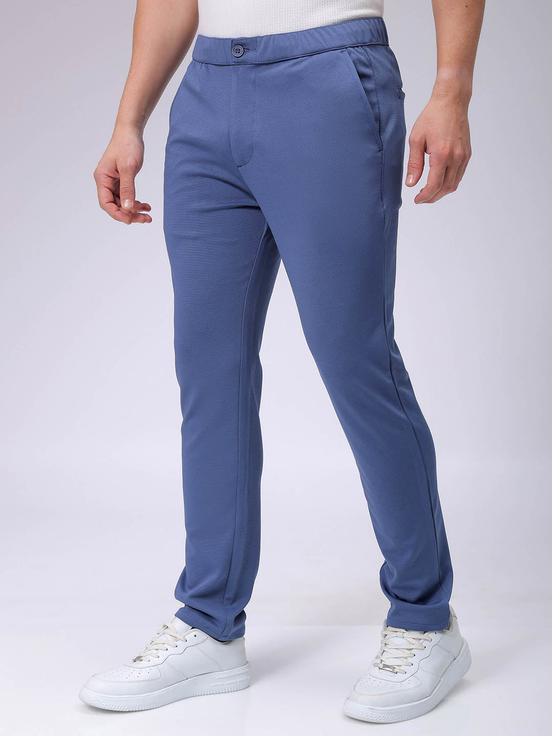 Men's Blue Slim Fit Textured Formal Trouser