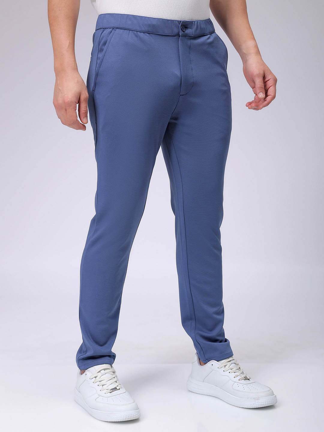 Men's Blue Slim Fit Textured Formal Trouser