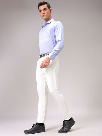 Men's White Slim Fit Textured Formal Trouser