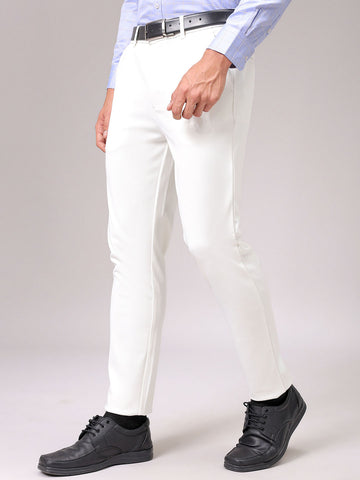 Men's White Slim Fit Textured Formal Trouser