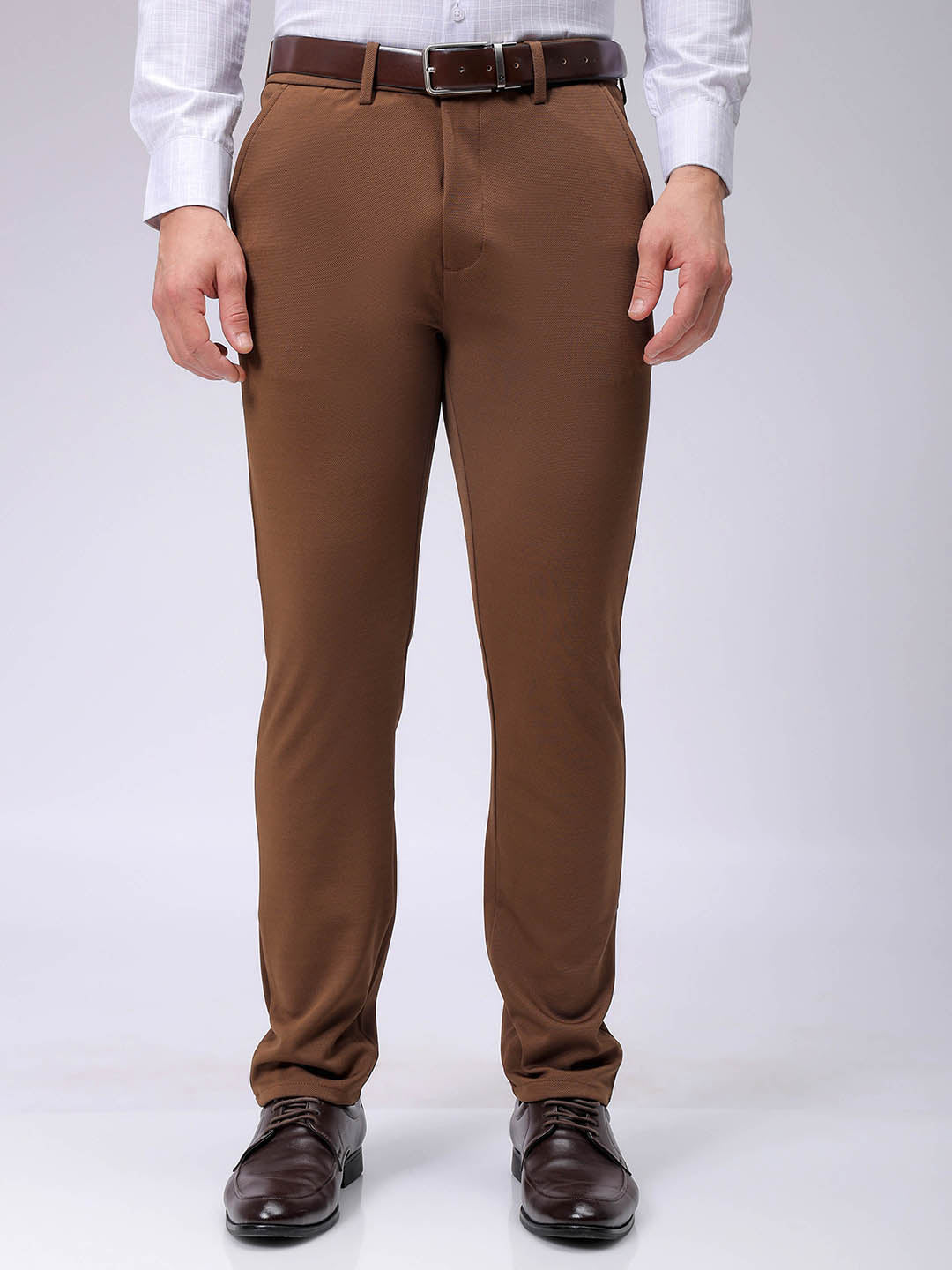 Men's Brown Slim Fit Textured Formal Trouser