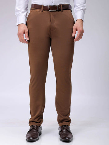 Men's Brown Slim Fit Textured Mid-Rise Stretchable Knitted Formal Trousers