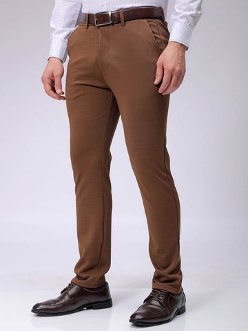 Men's Brown Slim Fit Textured Mid-Rise Stretchable Knitted Formal Trousers