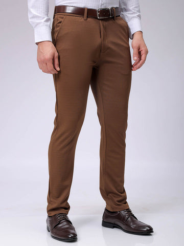 Men's Brown Slim Fit Textured Mid-Rise Stretchable Knitted Formal Trousers