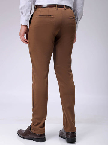 Men's Brown Slim Fit Textured Mid-Rise Stretchable Knitted Formal Trousers