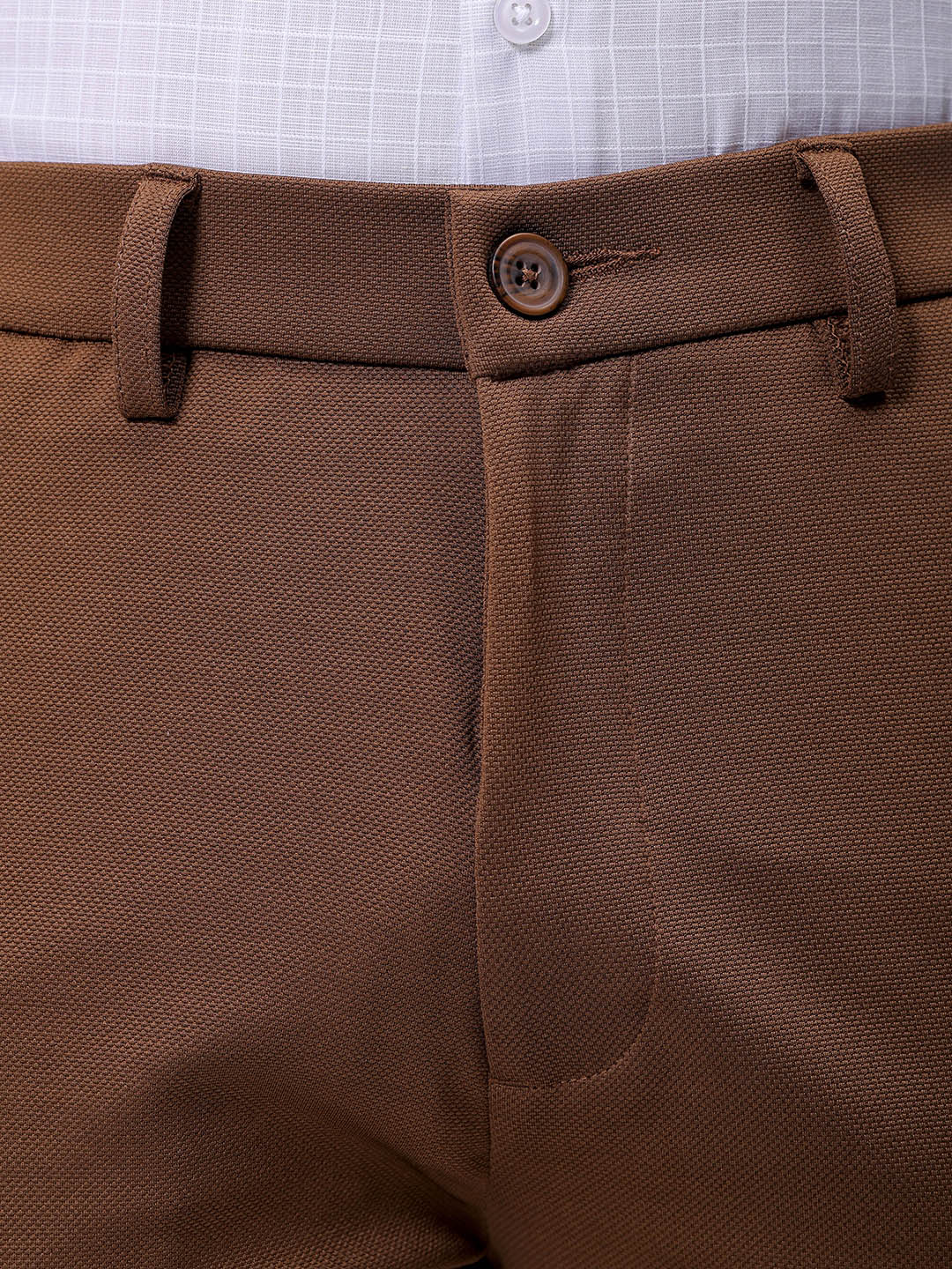 Men's Brown Slim Fit Textured Formal Trouser