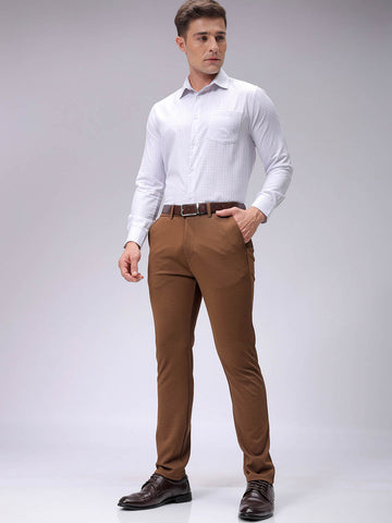 Men's Brown Slim Fit Textured Mid-Rise Stretchable Knitted Formal Trousers