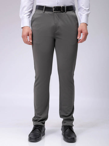 Men's Grey Slim Fit Textured Mid-Rise Stretchable Knitted Formal Trousers
