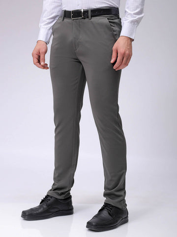 Men's Grey Slim Fit Textured Mid-Rise Stretchable Knitted Formal Trousers
