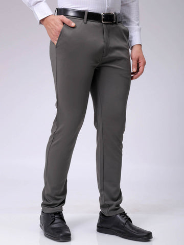 Men's Grey Slim Fit Textured Mid-Rise Stretchable Knitted Formal Trousers