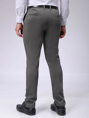 Men's Grey Slim Fit Textured Mid-Rise Stretchable Knitted Formal Trousers