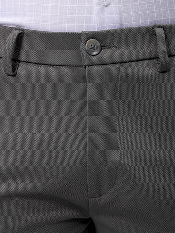 Men's Grey Slim Fit Textured Mid-Rise Stretchable Knitted Formal Trousers