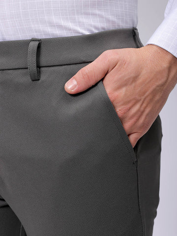 Men's Grey Slim Fit Textured Mid-Rise Stretchable Knitted Formal Trousers