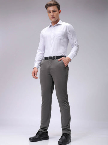 Men's Grey Slim Fit Textured Mid-Rise Stretchable Knitted Formal Trousers