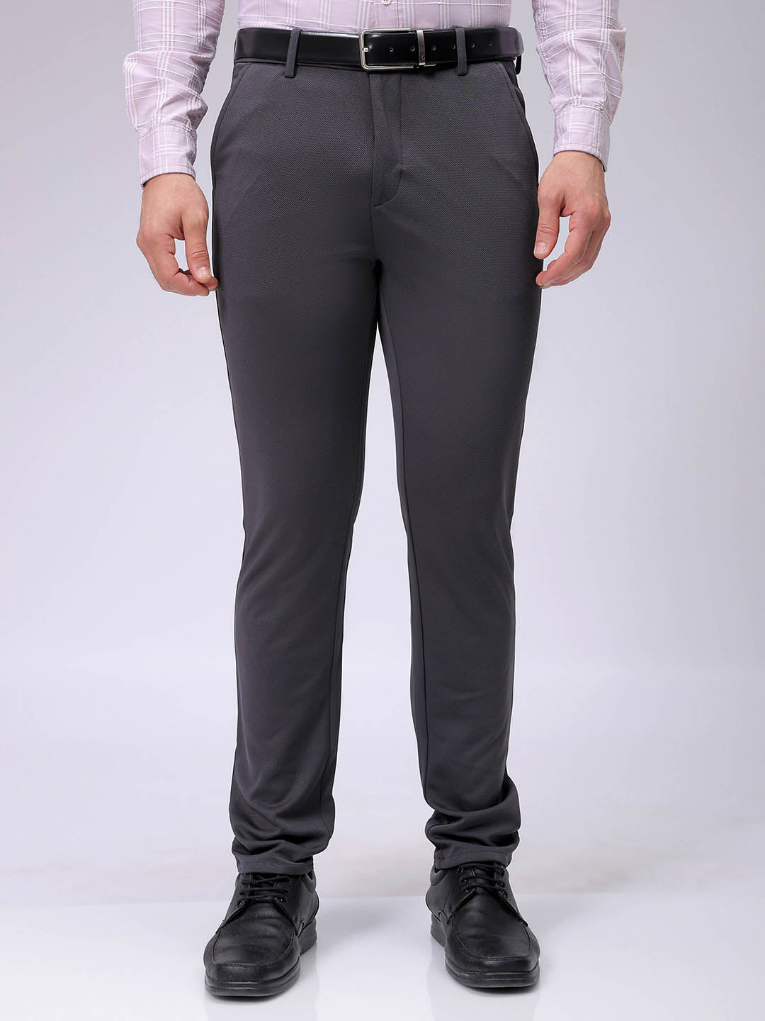 Men's Dark Grey Slim Fit Textured Formal Trouser