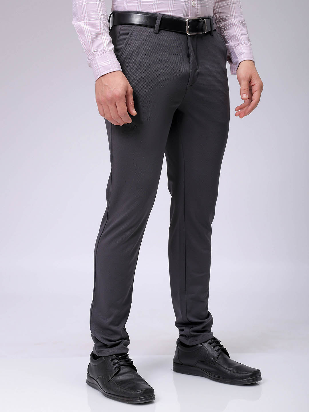 Men's Dark Grey Slim Fit Textured Formal Trouser