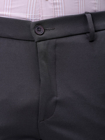 Men's Grey Slim Fit Textured Mid-Rise Stretchable Knitted Formal Trousers